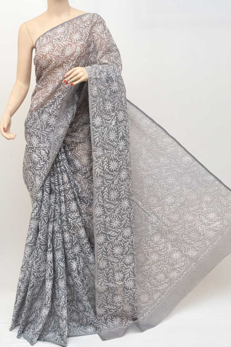 Lucknowi Chikankari Blue Saree Online India | Chikan Saree India & USA –  Sunasa