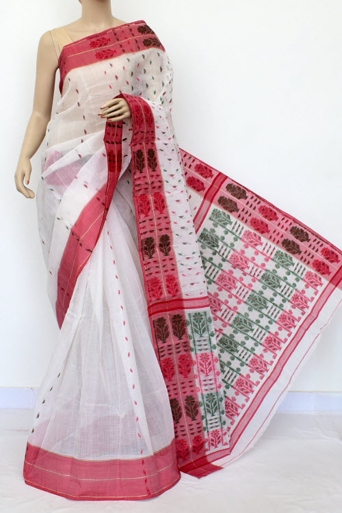 White Handwoven Bengal Tant Cotton Saree Without Blouse 16996